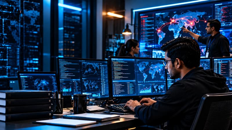 Cybersecurity professional analysing threat dashboards
