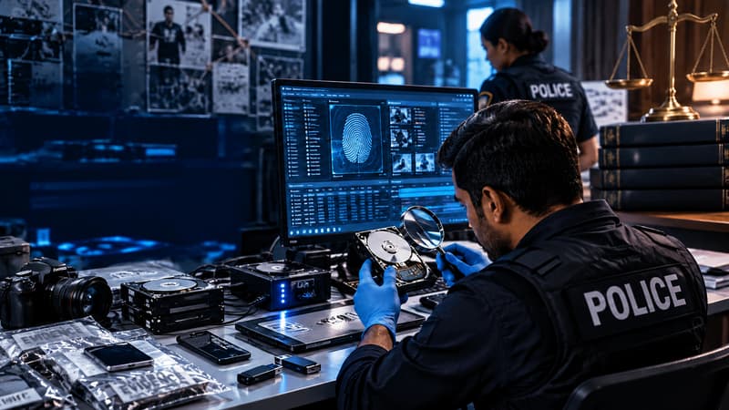Police investigator examining digital evidence