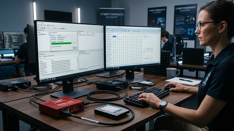 Digital Forensics Foundational Course at ForenX Technologies: learner acquiring evidence from a hard drive through a write blocker